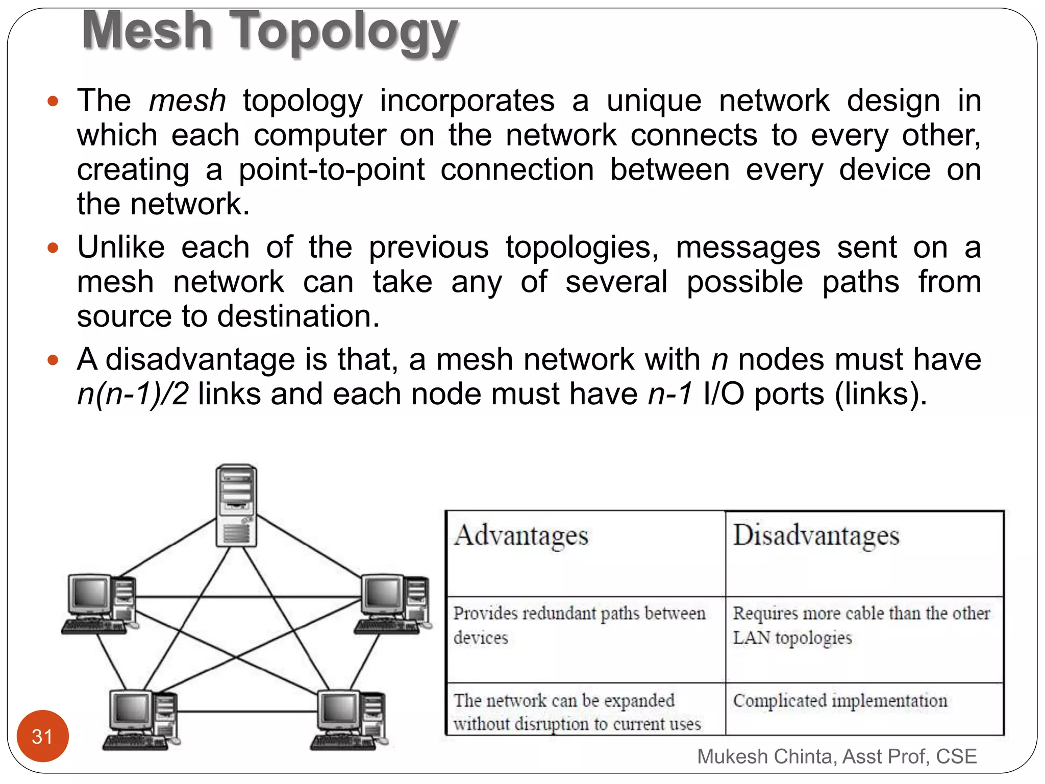  The mesh topology incorporates a unique network design in
which each computer on the network connects to every other,
creating a point-to-point connection between every device on
the network.
 Unlike each of the previous topologies, messages sent on a
mesh network can take any of several possible paths from
source to destination.
 A disadvantage is that, a mesh network with n nodes must have
n(n-1)/2 links and each node must have n-1 I/O ports (links).
Mesh Topology
Mukesh Chinta, Asst Prof, CSE
31
 