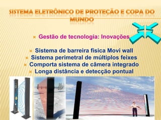 Gestão de tecnologia: InovaçõesSistema de  anti - agressãoMonitoramento via GPRSMonitoramento pessoal – Homem caidoSistema de controle e acompanhamento de idososSistema de comunicação via SatéliteSistema eletrônico de proteção e copa do mundo