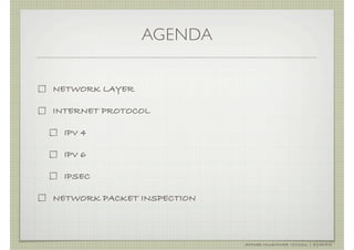 AGENDA


NETWORK LAYER

INTERNET PROTOCOL

 IPV 4

 IPV 6

 IPSEC

NETWORK PACKET INSPECTION



                            AHMAD MUAMMAR !(C)2011 | @Y3DIPS
 