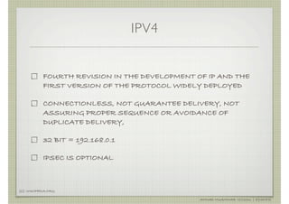 IPV4


            FOURTH REVISION IN THE DEVELOPMENT OF IP AND THE
            FIRST VERSION OF THE PROTOCOL WIDELY DEPLOYED

            CONNECTIONLESS, NOT GUARANTEE DELIVERY, NOT
            ASSURING PROPER SEQUENCE OR AVOIDANCE OF
            DUPLICATE DELIVERY,

            32 BIT = 192.168.0.1

            IPSEC IS OPTIONAL



[1]: WIKIPEDIA.ORG

                                                AHMAD MUAMMAR !(C)2011 | @Y3DIPS
 