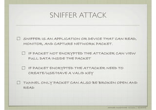 SNIFFER ATTACK

SNIFFER IS AN APPLICATION OR DEVICE THAT CAN READ,
MONITOR, AND CAPTURE NETWORK PACKET.

  IF PACKET NOT ENCRYPTED THE ATTACKER CAN VIEW
  FULL DATA INSIDE THE PACKET

  IF PACKET ENCRYPTED THE ATTACKER NEED TO
  CREATE/USE/HAVE A VALID KEY

TUNNEL ONLY PACKET CAN ALSO BE BROKEN OPEN AND
READ



                                     AHMAD MUAMMAR !(C)2011 | @Y3DIPS
 