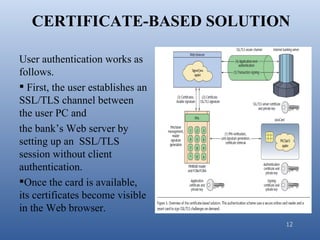CERTIFICATE-BASED SOLUTION

User authentication works as
follows.
 First, the user establishes an
SSL/TLS channel between
the user PC and
the bank’s Web server by
setting up an SSL/TLS
session without client
authentication.
Once the card is available,
its certificates become visible
in the Web browser.
                                   12
 