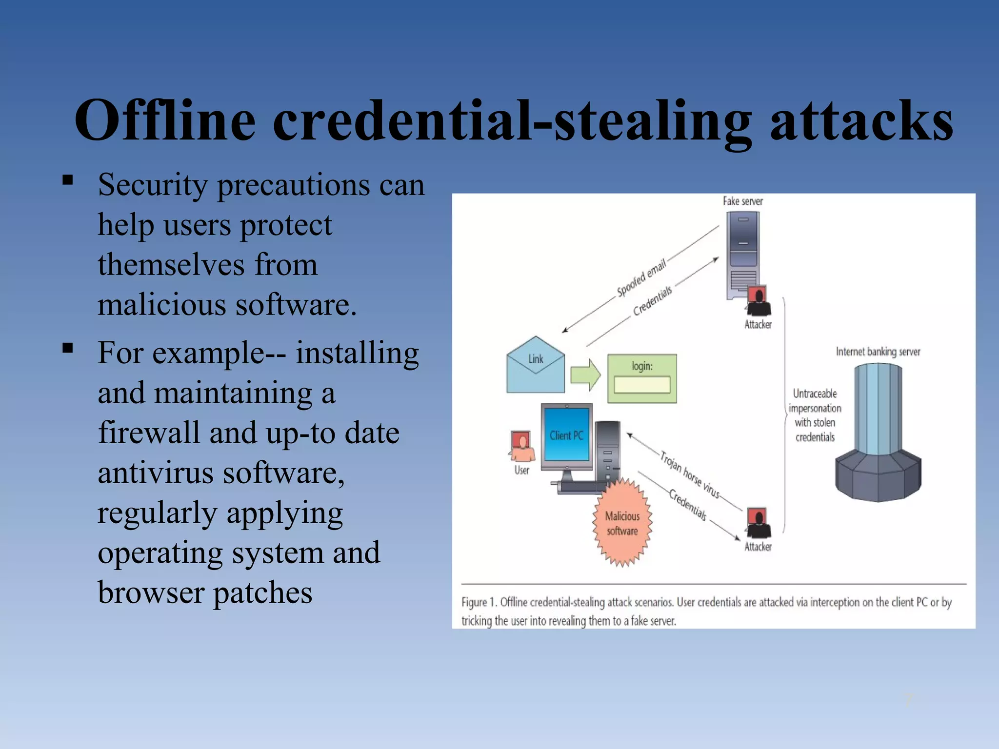 Offline credential-stealing attacks
 Security precautions can
  help users protect
  themselves from
  malicious software.
 For example-- installing
  and maintaining a
  firewall and up-to date
  antivirus software,
  regularly applying
  operating system and
  browser patches


                                7
 