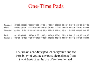 One-Time Pads
The use of a one-time pad for encryption and the
possibility of getting any possible plaintext from
the ciphertext by the use of some other pad.
 