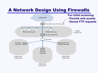 A Network Design Using Firewalls
For initial screening
- Permits web access
- Denies FTP requests

 