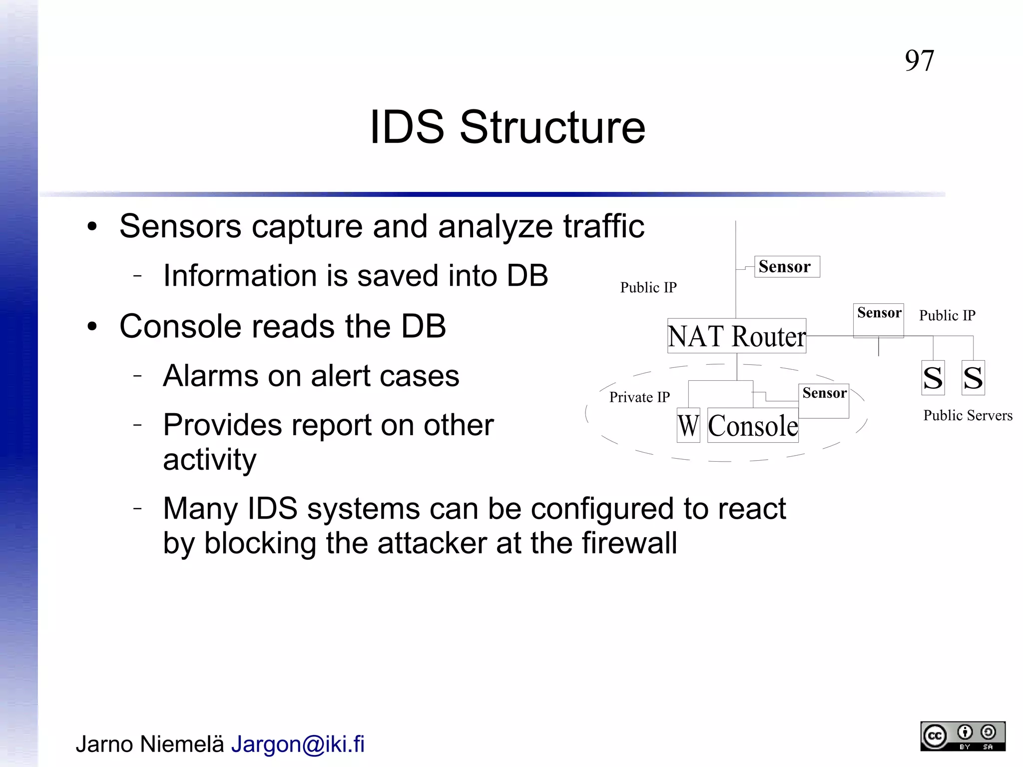 97

IDS Structure
●

Sensors capture and analyze traffic
–

●

Information is saved into DB

Console reads the DB
–

–

–

Alarms on alert cases
Provides report on other
activity

Sensor
Public IP

NAT Router
Sensor

Private IP

W Console

Many IDS systems can be configured to react
by blocking the attacker at the firewall

Jarno Niemelä Jargon@iki.fi

Sensor

Public IP

S S
Public Servers

 
