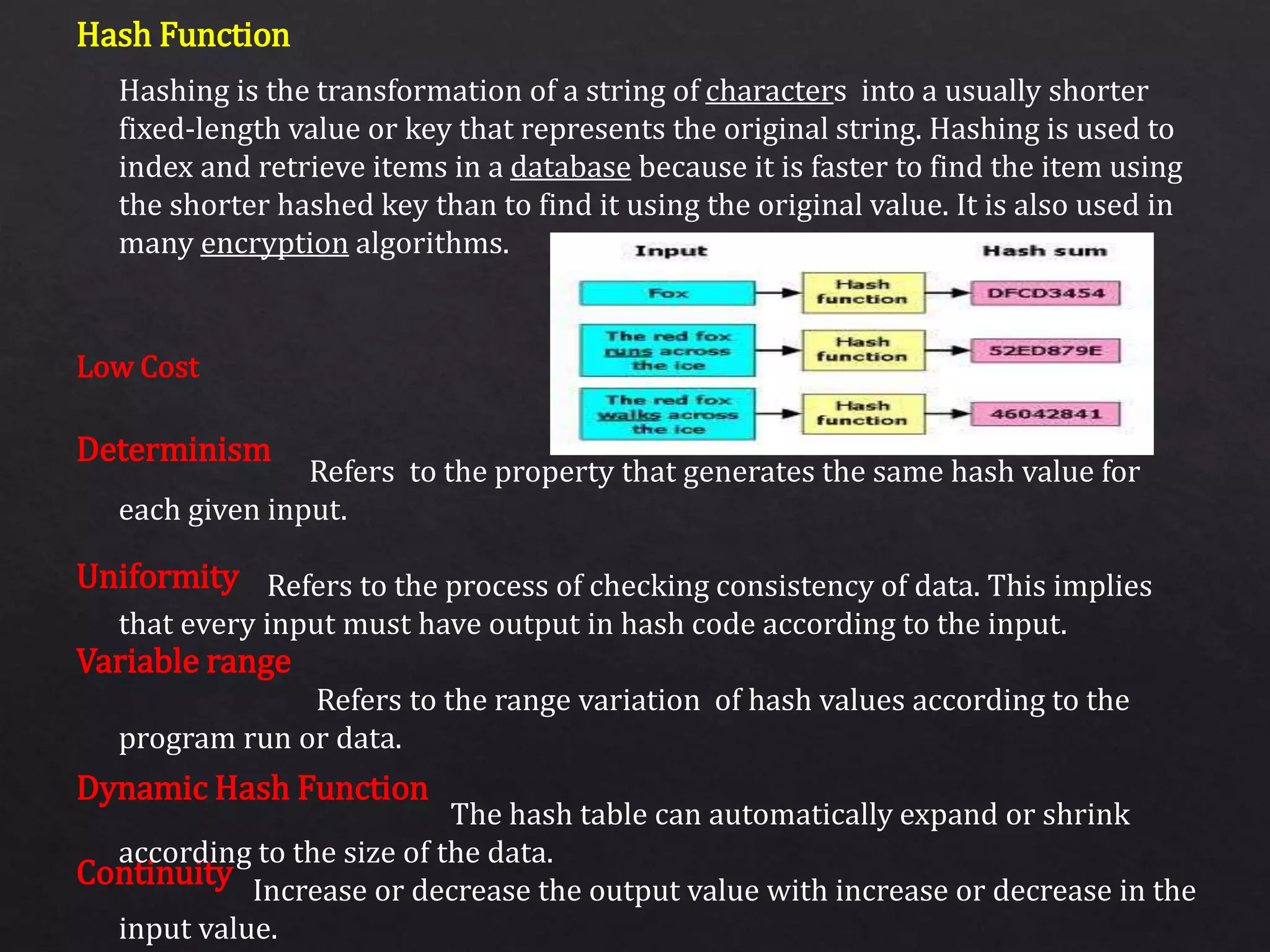 Hash Function
Low Cost
Determinism
Uniformity
Variable range
Dynamic Hash Function
Continuity
Hashing is the transformation of a string of characters into a usually shorter
fixed-length value or key that represents the original string. Hashing is used to
index and retrieve items in a database because it is faster to find the item using
the shorter hashed key than to find it using the original value. It is also used in
many encryption algorithms.
Refers to the property that generates the same hash value for
each given input.
Refers to the process of checking consistency of data. This implies
that every input must have output in hash code according to the input.
Refers to the range variation of hash values according to the
program run or data.
The hash table can automatically expand or shrink
according to the size of the data.
Increase or decrease the output value with increase or decrease in the
input value.
 