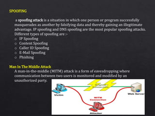 SPOOFING
Man In The Middle Attack
a spoofing attack is a situation in which one person or program successfully
masquerades as another by falsifying data and thereby gaining an illegitimate
advantage. IP spoofing and DNS spoofing are the most popular spoofing attacks.
Different types of spoofing are :-
o IP Spoofing
o Content Spoofing
o Caller ID Spoofing
o E-Mail Spoofing
o Phishing
A man-in-the-middle (MITM) attack is a form of eavesdropping where
communication between two users is monitored and modified by an
unauthorized party.
 