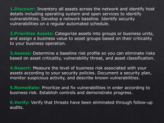 1.Discover: Inventory all assets across the network and identify host
details including operating system and open services to identify
vulnerabilities. Develop a network baseline. Identify security
vulnerabilities on a regular automated schedule.
2.Prioritize Assets: Categorize assets into groups or business units,
and assign a business value to asset groups based on their criticality
to your business operation.
3.Assess: Determine a baseline risk profile so you can eliminate risks
based on asset criticality, vulnerability threat, and asset classification.
4.Report: Measure the level of business risk associated with your
assets according to your security policies. Document a security plan,
monitor suspicious activity, and describe known vulnerabilities.
5.Remediate: Prioritize and fix vulnerabilities in order according to
business risk. Establish controls and demonstrate progress.
6.Verify: Verify that threats have been eliminated through follow-up
audits.
 
