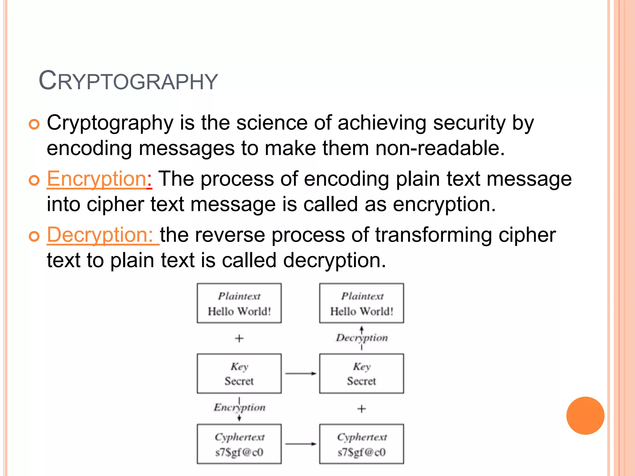 CRYPTOGRAPHY 
 Cryptography is the science of achieving security by 
encoding messages to make them non-readable. 
 Encryption: The process of encoding plain text message 
into cipher text message is called as encryption. 
 Decryption: the reverse process of transforming cipher 
text to plain text is called decryption. 
 
