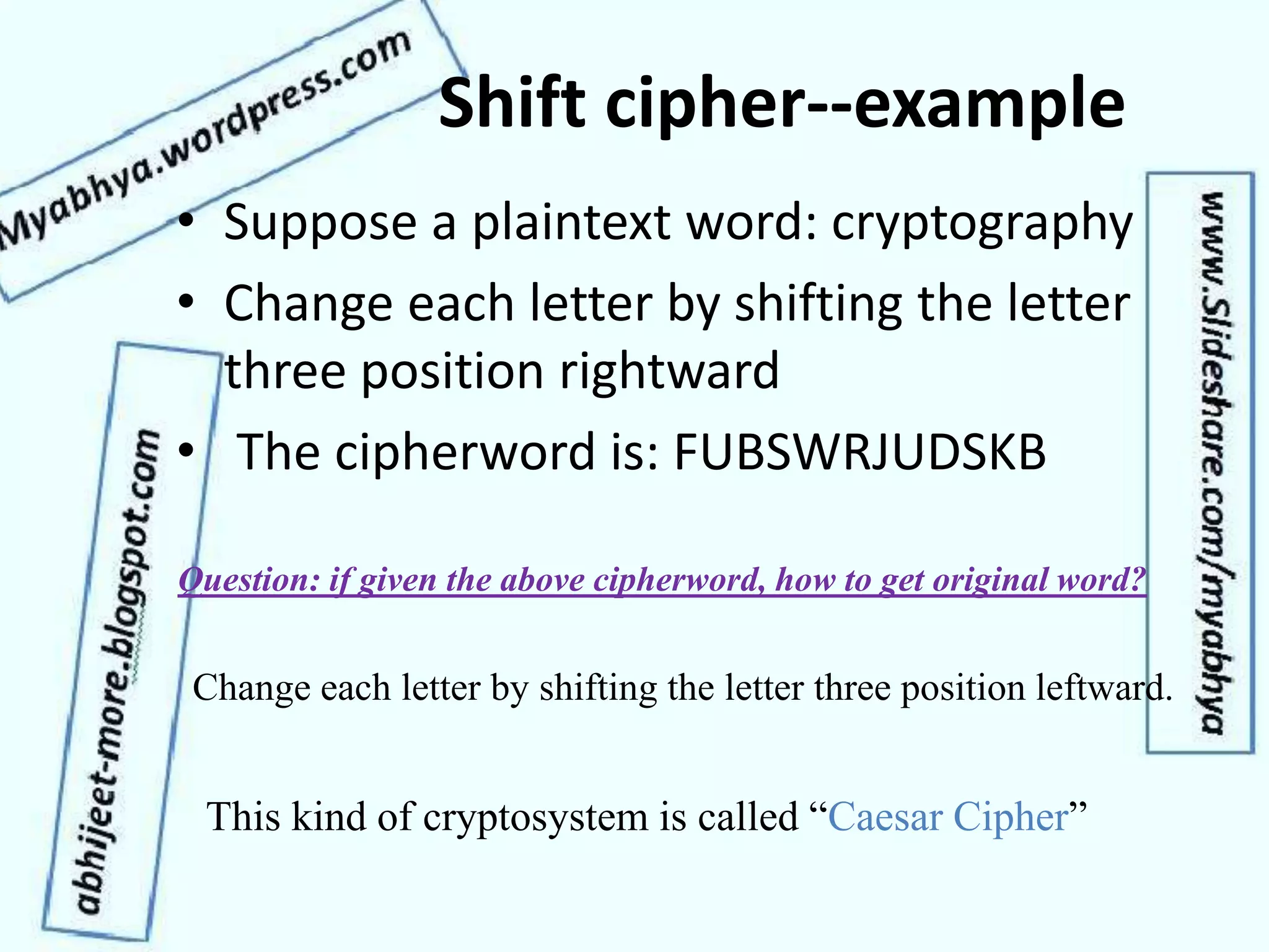 Shift cipher--example
• Suppose a plaintext word: cryptography
• Change each letter by shifting the letter
three position rightward
• The cipherword is: FUBSWRJUDSKB
Question: if given the above cipherword, how to get original word?
Change each letter by shifting the letter three position leftward.
This kind of cryptosystem is called “Caesar Cipher”
 