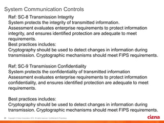 Ref: SC-8 Transmission Integrity
System protects the integrity of transmitted information.
Assessment evaluates enterprise requirements to protect information
integrity, and ensures identified protection are adequate to meet
requirements.
Best practices includes:
Cryptography should be used to detect changes in information during
transmission. Cryptographic mechanisms should meet FIPS requirements.
Ref; SC-9 Transmission Confidentiality
System protects the confidentiality of transmitted information
Assessment evaluates enterprise requirements to protect information
confidentiality, and ensures identified protection are adequate to meet
requirements.
Best practices includes:
Cryptography should be used to detect changes in information during
transmission. Cryptographic mechanisms should meet FIPS requirements.
 