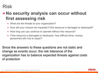 Since the answers to these questions are not static and
change as events occur, the risk tolerance of the
organization has to balance expected threats against costs
of protection
 