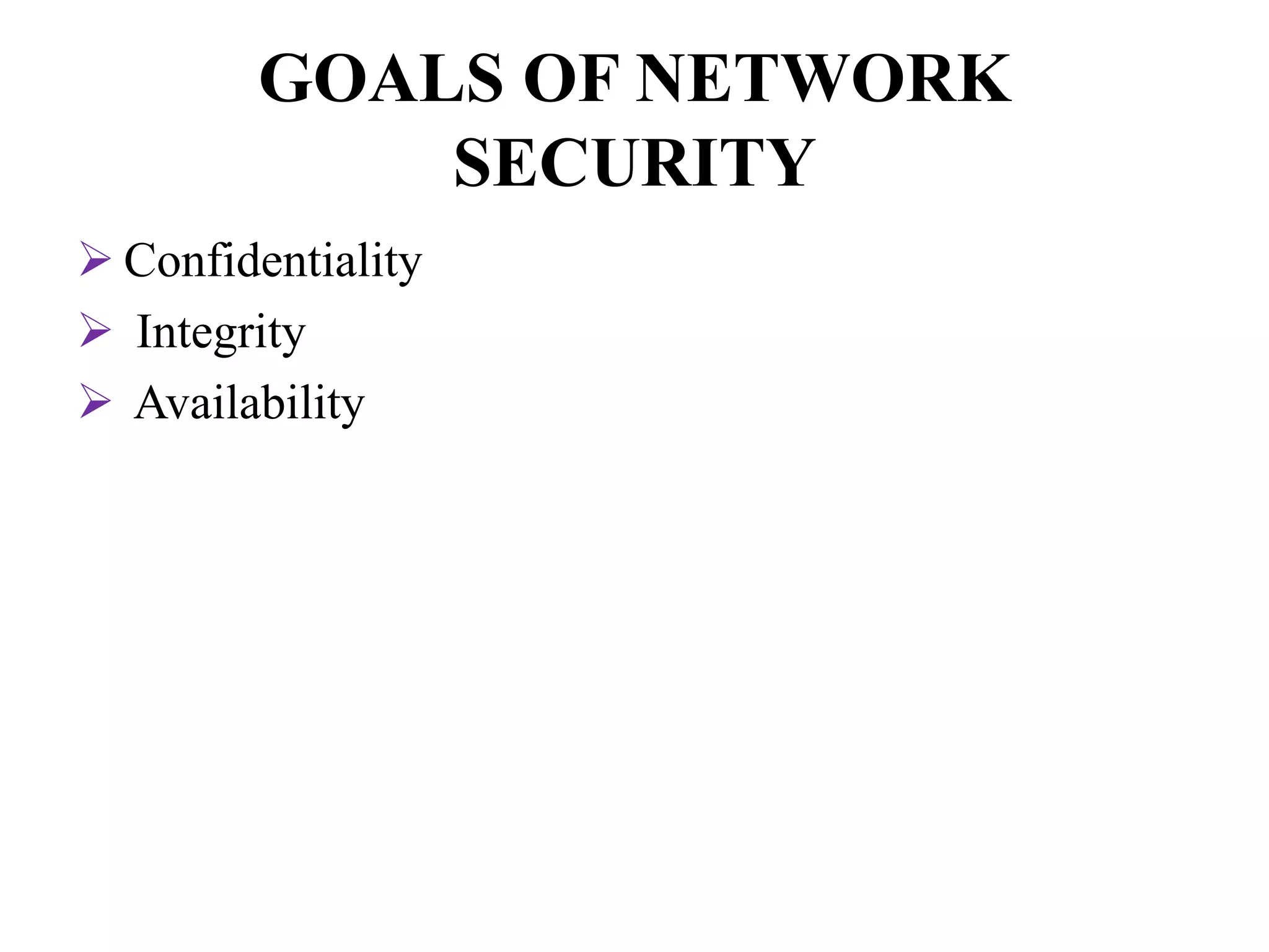 GOALS OF NETWORK
SECURITY
 Confidentiality
 Integrity
 Availability
 