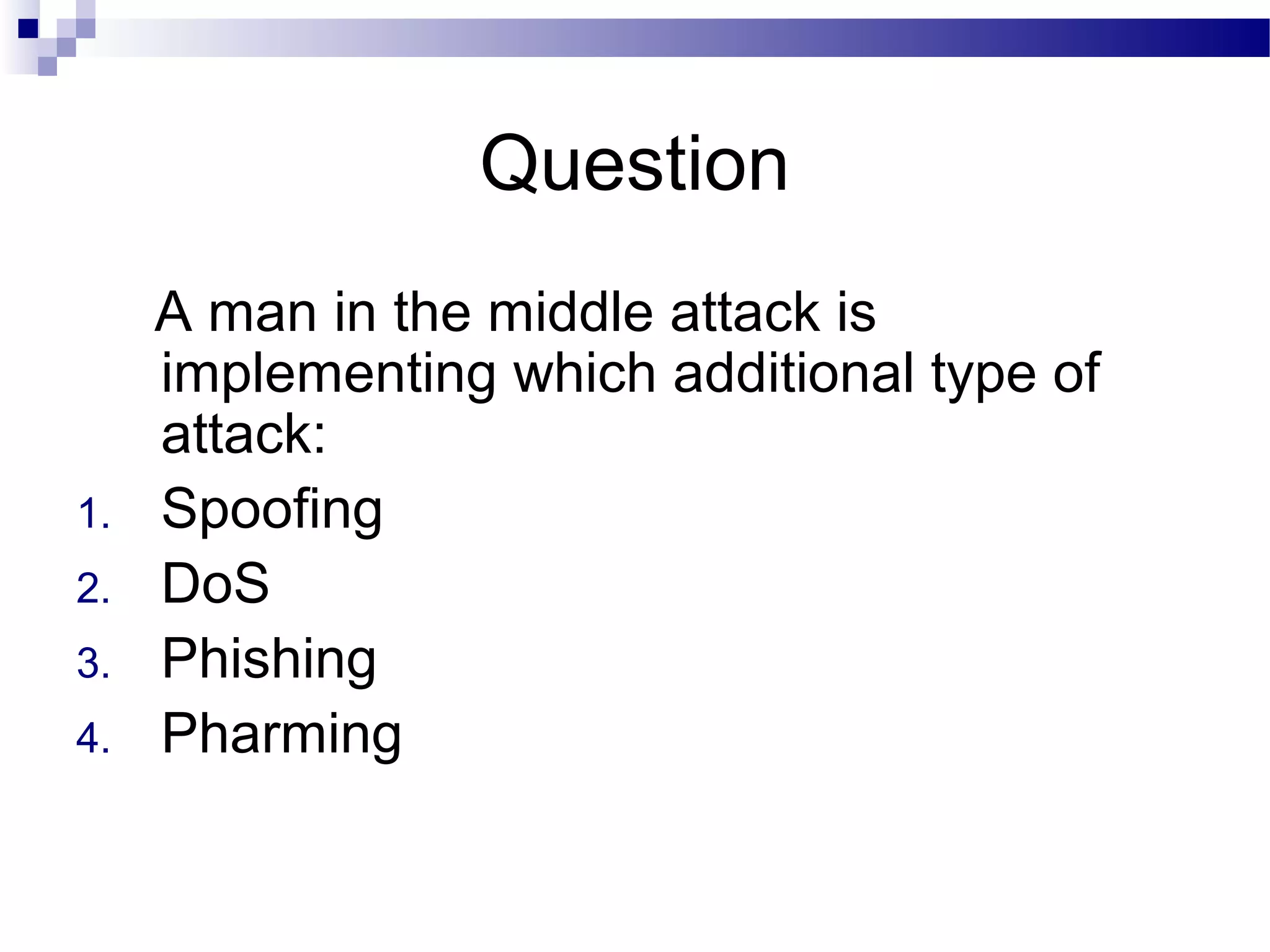 Question
A man in the middle attack is
implementing which additional type of
attack:
1. Spoofing
2. DoS
3. Phishing
4. Pharming
 
