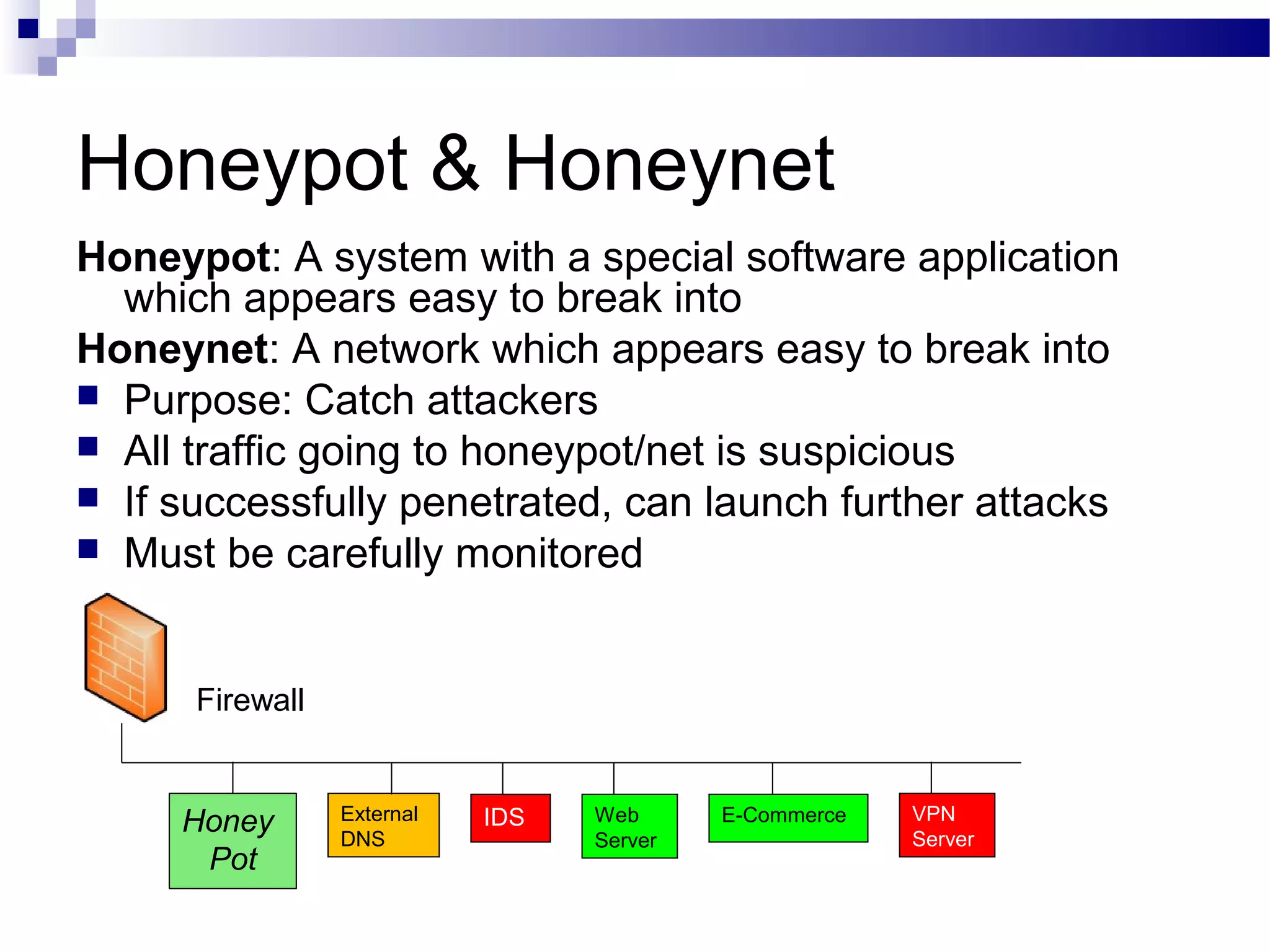 Honeypot & Honeynet
Honeypot: A system with a special software application
which appears easy to break into
Honeynet: A network which appears easy to break into
 Purpose: Catch attackers
 All traffic going to honeypot/net is suspicious
 If successfully penetrated, can launch further attacks
 Must be carefully monitored
External
DNS
IDS Web
Server
E-Commerce VPN
Server
Firewall
Honey
Pot
 
