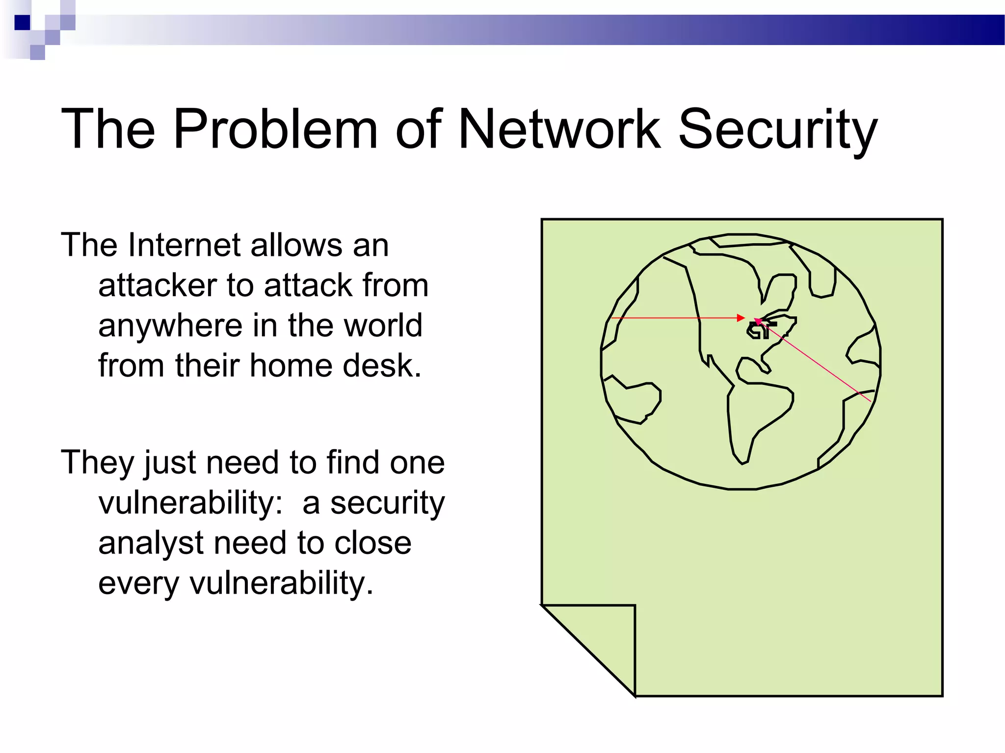 The Problem of Network Security
The Internet allows an
attacker to attack from
anywhere in the world
from their home desk.
They just need to find one
vulnerability: a security
analyst need to close
every vulnerability.
 