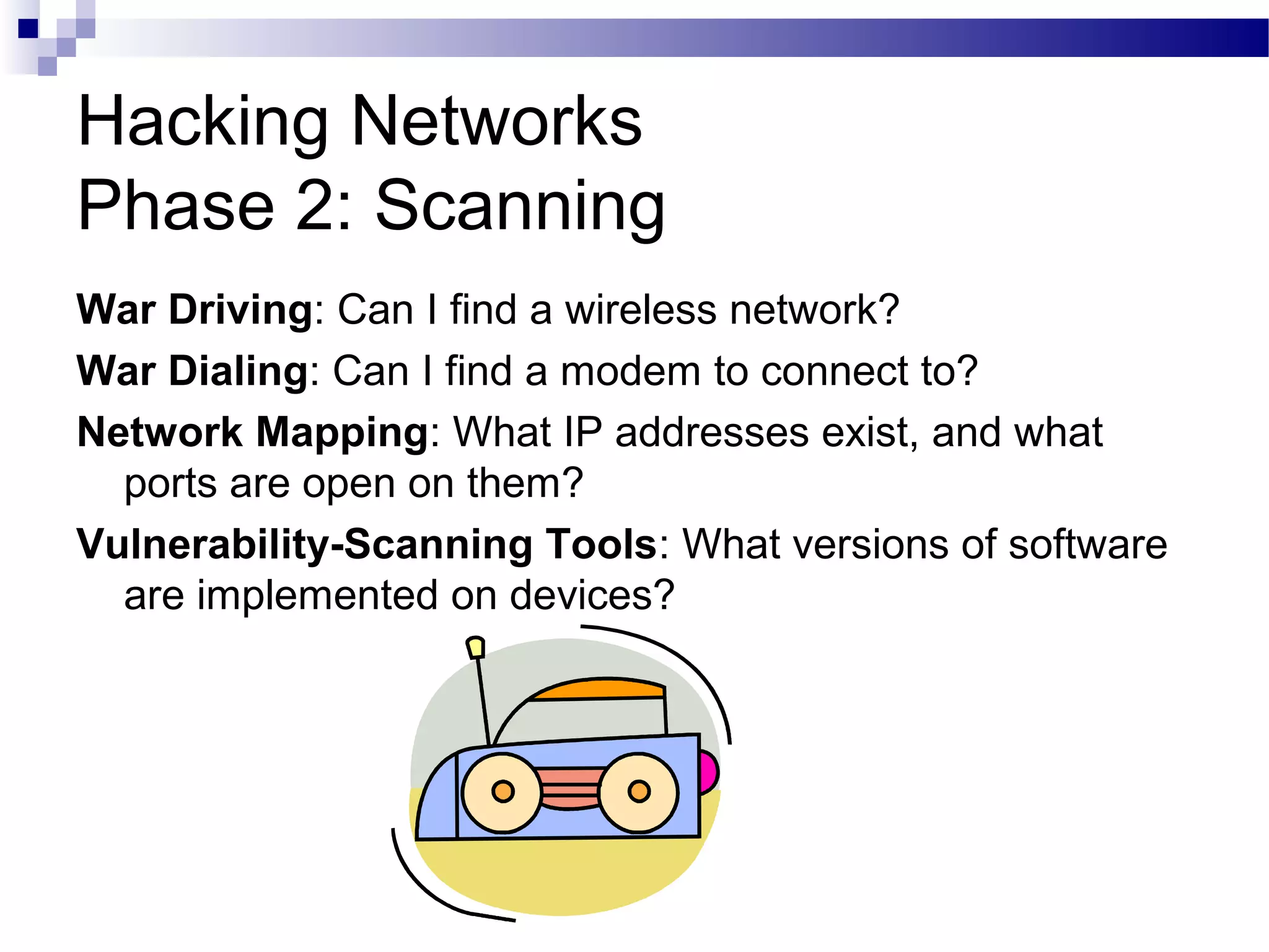 Hacking Networks
Phase 2: Scanning
War Driving: Can I find a wireless network?
War Dialing: Can I find a modem to connect to?
Network Mapping: What IP addresses exist, and what
ports are open on them?
Vulnerability-Scanning Tools: What versions of software
are implemented on devices?
 