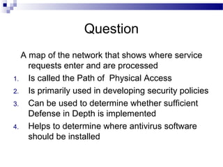 Question
A map of the network that shows where service
requests enter and are processed
1. Is called the Path of Physical Access
2. Is primarily used in developing security policies
3. Can be used to determine whether sufficient
Defense in Depth is implemented
4. Helps to determine where antivirus software
should be installed
 