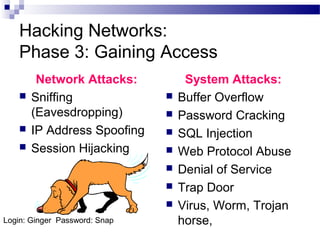 Hacking Networks:
Phase 3: Gaining Access
Network Attacks:
 Sniffing
(Eavesdropping)
 IP Address Spoofing
 Session Hijacking
System Attacks:
 Buffer Overflow
 Password Cracking
 SQL Injection
 Web Protocol Abuse
 Denial of Service
 Trap Door
 Virus, Worm, Trojan
horse,Login: Ginger Password: Snap
 