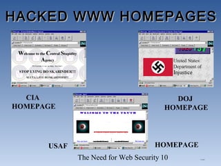The Need for Web Security 10
HACKED WWW HOMEPAGESHACKED WWW HOMEPAGES
11/29/96
CIA
HOMEPAGE
DOJ
HOMEPAGE
USAF HOMEPAGE
 