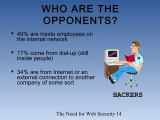 The Need for Web Security 14
WHO ARE THE
OPPONENTS?
 49% are inside employees on
the internal network
 17% come from dial-up (still
inside people)
 34% are from Internet or an
external connection to another
company of some sort
HACKERS
 