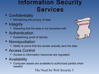 The Need for Web Security 5
Information Security
Services
 Confidentiality
 Maintaining the privacy of data
 Integrity
 Detecting that the data is not tampered with
 Authentication
 Establishing proof of identity
 Nonrepudiation
 Ability to prove that the sender actually sent the data
 Access Control
 Access to information resources are regulated
 Availability
 Computer assets are available to authorized parties when
needed
SERVICES
 