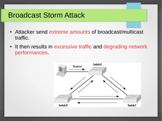Broadcast Storm Attack
● Attacker send extreme amounts of broadcast/multicast
traffic.
● It then results in excessive traffic and degrading network
performances.
 
