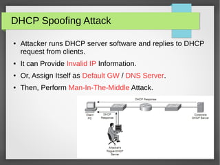 DHCP Spoofing Attack
● Attacker runs DHCP server software and replies to DHCP
request from clients.
● It can Provide Invalid IP Information.
● Or, Assign Itself as Default GW / DNS Server.
● Then, Perform Man-In-The-Middle Attack.
 