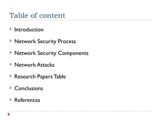 Table of content
 Introduction
 Network Security Process
 Network Security Components
 Network Attacks
 Research Papers Table
 Conclusions
 References
 