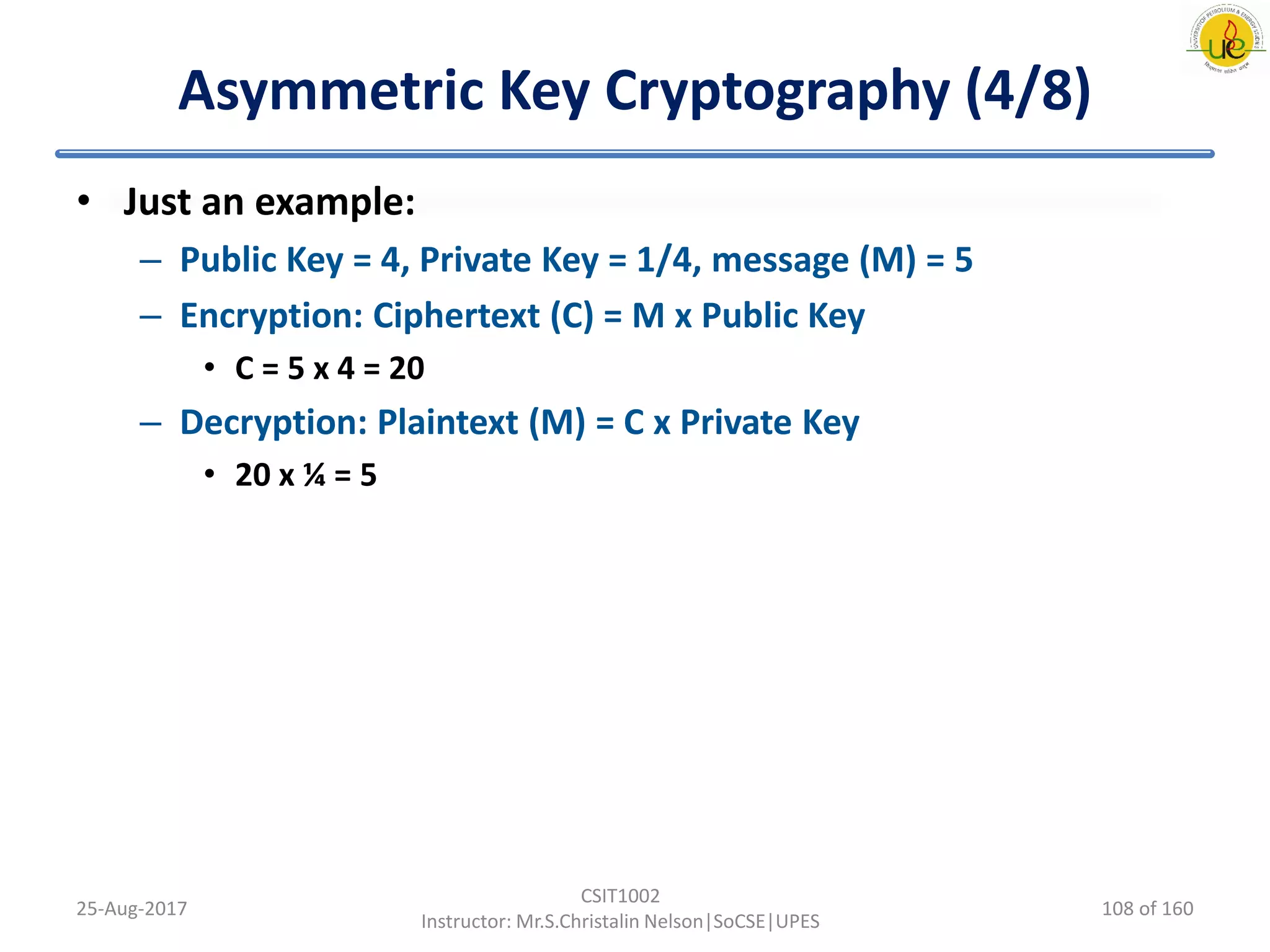 Asymmetric Key Cryptography (4/8)
• Just an example:
– Public Key = 4, Private Key = 1/4, message (M) = 5
– Encryption: Ciphertext (C) = M x Public Key
• C = 5 x 4 = 20
– Decryption: Plaintext (M) = C x Private Key
• 20 x ¼ = 5
25-Aug-2017
CSIT1002
Instructor: Mr.S.Christalin Nelson|SoCSE|UPES
108 of 160
 