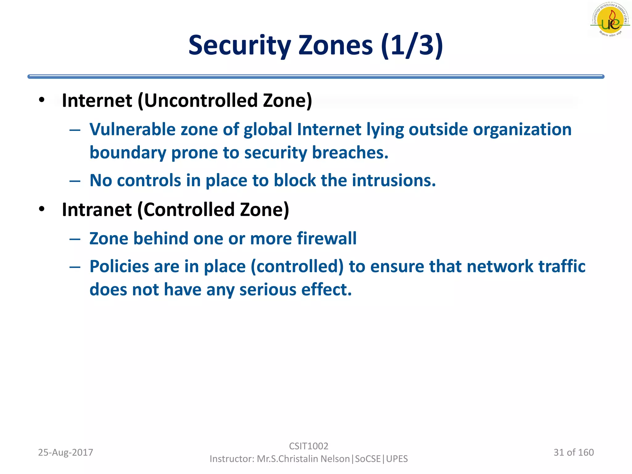 Security Zones (1/3)
• Internet (Uncontrolled Zone)
– Vulnerable zone of global Internet lying outside organization
boundary prone to security breaches.
– No controls in place to block the intrusions.
• Intranet (Controlled Zone)
– Zone behind one or more firewall
– Policies are in place (controlled) to ensure that network traffic
does not have any serious effect.
25-Aug-2017
CSIT1002
Instructor: Mr.S.Christalin Nelson|SoCSE|UPES
31 of 160
 