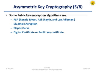 Asymmetric Key Cryptography (5/8)
• Some Public key encryption algorithms are:
– RSA (Ronald Rivest, Adi Shamir, and Len Adleman )
– ElGamal Encryption
– Elliptic Curve
– Digital Certificate or Public key certificate
25-Aug-2017
CSIT1002
Instructor: Mr.S.Christalin Nelson|SoCSE|UPES
109 of 160
 