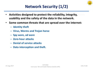 Network Security (1/2)
• Activities designed to protect the reliability, integrity,
usability and the safety of the data in the network.
• Some common threats that are spread over the internet:
– Identity theft
– Virus, Worms and Trojan horse
– Spy ware, ad ware
– Zero-hour attacks
– Denial of service attacks
– Data interception and theft.
25-Aug-2017
CSIT1002
Instructor: Mr.S.Christalin Nelson|SoCSE|UPES
136 of 160
 