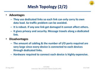 Mesh Topology (2/2)
• Advantages
– They use dedicated links so each link can only carry its own
data load. So traffic problem can be avoided.
– It is robust. If any one link get damaged it cannot affect others.
– It gives privacy and security. Message travels along a dedicated
link.
• Disadvantages
– The amount of cabling & the number of I/O ports required are
very large since every device is connected to each devices
through dedicated links.
– Hardware required to connect each device is highly expensive.
25-Aug-2017
CSIT1002
Instructor: Mr.S.Christalin Nelson|SoCSE|UPES
16 of 160
 