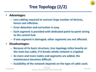Tree Topology (2/2)
• Advantages:
– Less cabling required to connect large number of devices,
hence cost effective.
– Error detection and correction is easy.
– Each segment is provided with dedicated point-to-point wiring
to the central hub.
– If one segment is damaged, other segments are not affected.
• Disadvantages:
– Because of its basic structure, tree topology relies heavily on
the main bus cable, if it breaks whole network is crippled.
– As more and more nodes and segments are added, the
maintenance becomes difficult.
– Scalability of the network depends on the type of cable used.
25-Aug-2017
CSIT1002
Instructor: Mr.S.Christalin Nelson|SoCSE|UPES
18 of 160
 