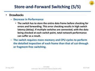 Store-and-Forward Switching (5/5)
• Drawbacks
– Decrease in Performance
• The switch has to store the entire data frame before checking for
errors and forwarding. This error checking results in high switch
latency (delay). If multiple switches are connected, with the data
being checked at each switch point, total network performance
can suffer as a result.
– The switch requires more memory and CPU cycles to perform
the detailed inspection of each frame than that of cut-through
or fragment-free switching.
25-Aug-2017
CSIT1002
Instructor: Mr.S.Christalin Nelson|SoCSE|UPES
56 of 160
 