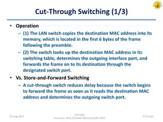 Cut-Through Switching (1/3)
• Operation
– (1) The LAN switch copies the destination MAC address into its
memory, which is located in the first 6 bytes of the frame
following the preamble.
– (2) The switch looks up the destination MAC address in its
switching table, determines the outgoing interface port, and
forwards the frame on to its destination through the
designated switch port.
• Vs. Store-and-Forward Switching
– A cut-through switch reduces delay because the switch begins
to forward the frame as soon as it reads the destination MAC
address and determines the outgoing switch port.
25-Aug-2017
CSIT1002
Instructor: Mr.S.Christalin Nelson|SoCSE|UPES
57 of 160
 