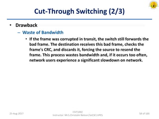 Cut-Through Switching (2/3)
• Drawback
– Waste of Bandwidth
• If the frame was corrupted in transit, the switch still forwards the
bad frame. The destination receives this bad frame, checks the
frame's CRC, and discards it, forcing the source to resend the
frame. This process wastes bandwidth and, if it occurs too often,
network users experience a significant slowdown on network.
25-Aug-2017
CSIT1002
Instructor: Mr.S.Christalin Nelson|SoCSE|UPES
58 of 160
 