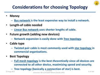 Considerations for choosing Topology
• Money
– Bus network is the least expensive way to install a network.
• Length-of cable needed
– Linear Bus network uses shorter lengths of cable.
• Future growth (adding new devices)
– Network expansion is easily done with Tree topology.
• Cable type
– Twisted pair cable is most commonly used with star topology in
commercial organizations.
• Best Topology
– Full mesh topology is the best theoretically since all devices are
connected to all other device, maximizing speed and security.
– Tree topology (basically a connection of star) is best.
25-Aug-2017
CSIT1002
Instructor: Mr.S.Christalin Nelson|SoCSE|UPES
6 of 160
 