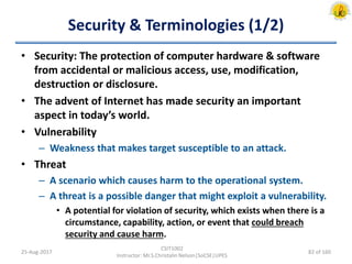 Security & Terminologies (1/2)
• Security: The protection of computer hardware & software
from accidental or malicious access, use, modification,
destruction or disclosure.
• The advent of Internet has made security an important
aspect in today’s world.
• Vulnerability
– Weakness that makes target susceptible to an attack.
• Threat
– A scenario which causes harm to the operational system.
– A threat is a possible danger that might exploit a vulnerability.
• A potential for violation of security, which exists when there is a
circumstance, capability, action, or event that could breach
security and cause harm.
25-Aug-2017
CSIT1002
Instructor: Mr.S.Christalin Nelson|SoCSE|UPES
82 of 160
 