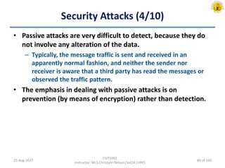 Security Attacks (4/10)
• Passive attacks are very difficult to detect, because they do
not involve any alteration of the data.
– Typically, the message traffic is sent and received in an
apparently normal fashion, and neither the sender nor
receiver is aware that a third party has read the messages or
observed the traffic pattern.
• The emphasis in dealing with passive attacks is on
prevention (by means of encryption) rather than detection.
25-Aug-2017
CSIT1002
Instructor: Mr.S.Christalin Nelson|SoCSE|UPES
89 of 160
 