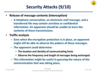 Security Attacks (9/10)
25-Aug-2017
CSIT1002
Instructor: Mr.S.Christalin Nelson|SoCSE|UPES
• Release of message contents (Interception)
– A telephone conversation, an electronic mail message, and a
transferred file may contain sensitive or confidential
information. An opponent should be unable to learn the
contents of these transmissions.
• Traffic analysis
– Even when the encryption protection is in place, an opponent
might still be able to observe the pattern of these messages.
– The opponent could determine
• The location and identity of communicating hosts
• Observe the frequency and length of messages being exchanged.
– This information might be useful in guessing the nature of the
communication that was taking place.
94 of 160
 