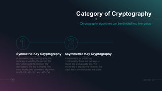 Category of Cryptography
Cryptography algorithms can be divided into two group
Symmetric Key Cryptography
In symmetric-key cryptography, the
same key is used by the sender (for
encryption) and the receiver (for
decryption). The key is shared. The
most widely used symmetric algorithm
is AES-128, AES-192, and AES-256.
Asymmetric Key Cryptography
In asymmetric or public key
cryptography, there are two keys, a
private key and a public key. The
private key is kept by the receiver. The
public key is announced to the public.
11 28.07.2018
 
