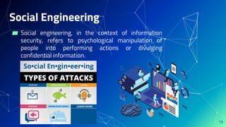 Social Engineering
▰ Social engineering, in the context of information
security, refers to psychological manipulation of
people into performing actions or divulging
confidential information.
15
 