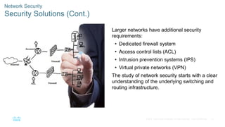 14© 2016 Cisco and/or its affiliates. All rights reserved. Cisco Confidential
Network Security
Security Solutions (Cont.)
Larger networks have additional security
requirements:
• Dedicated firewall system
• Access control lists (ACL)
• Intrusion prevention systems (IPS)
• Virtual private networks (VPN)
The study of network security starts with a clear
understanding of the underlying switching and
routing infrastructure.
 