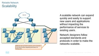 6© 2016 Cisco and/or its affiliates. All rights reserved. Cisco Confidential
Reliable Network
Scalability
A scalable network can expand
quickly and easily to support
new users and applications
without impacting the
performance of services to
existing users.
Network designers follow
accepted standards and
protocols in order to make the
networks scalable.
 