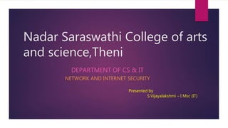 Nadar Saraswathi College of arts
and science,Theni
DEPARTMENT OF CS & IT
NETWORK AND INTERNET SECURITY
Presented by
S.Vijayalakshmi – I Msc (IT)
 