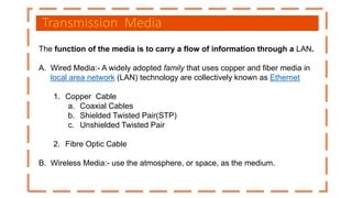 Transmission Media
The function of the media is to carry a flow of information through a LAN.
A. Wired Media:- A widely adopted family that uses copper and fiber media in
local area network (LAN) technology are collectively known as Ethernet
1. Copper Cable
a. Coaxial Cables
b. Shielded Twisted Pair(STP)
c. Unshielded Twisted Pair
2. Fibre Optic Cable
B. Wireless Media:- use the atmosphere, or space, as the medium.
 