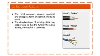 1. Copper Cable
 The most common, easiest, quickest,
and cheapest form of network media to
install.
 The disadvantage of sending data over
copper wire is that the further the signal
travels, the weaker it becomes.
 